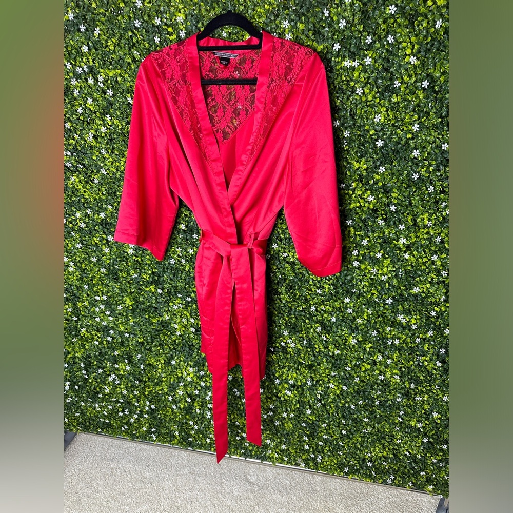 Victoria's Secret Bright Pink Satin Robe with Lace Trim